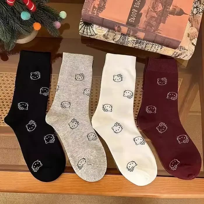 4 paires de chaussettes mi-hautes pour femmes, motif de dessin animé Sanrio Hello Kitty imprimé, pol