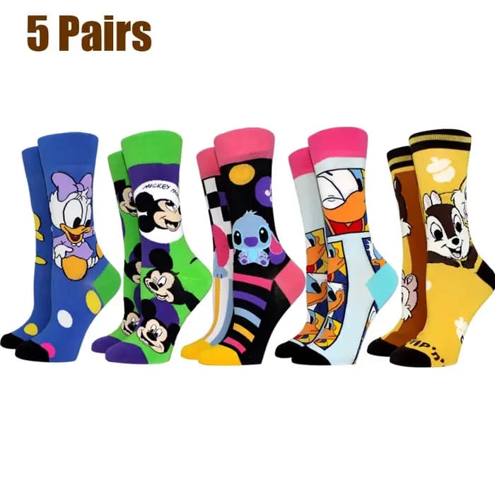 5 paires de chaussettes pour femmes, nouveau dessin animé Mickey Stitch Donald Duck, chaussettes lon