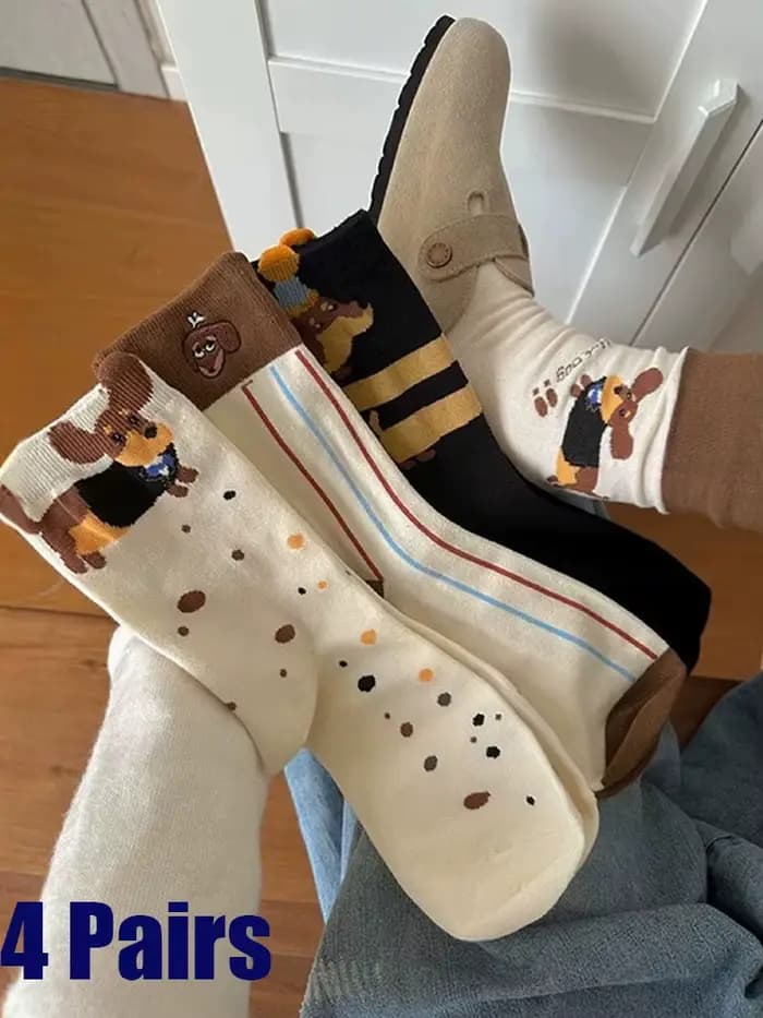 4 paires de chaussettes pour femmes, motif chien de dessin animé, style coréen, pliables, à double u