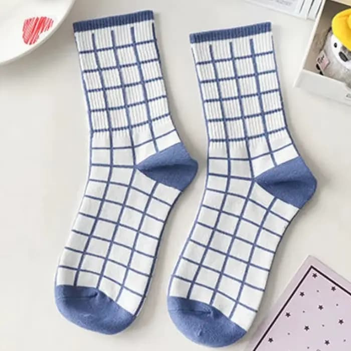 Chaussettes chaudes pour femmes, chaussettes bleues pour étudiantes, bas de sport haut rayé à carrea