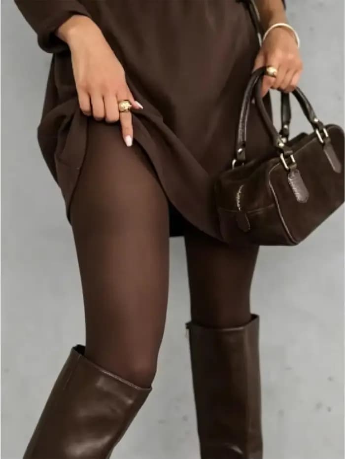 Collants opaques marron café pour femmes, épaisseur moyenne, haute extensibilité, couleur unie, avec