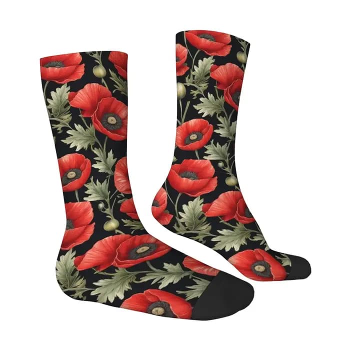 1 paire de chaussettes coquelicot rouge sur fond noir conçues pour les hommes avec un style hip hop vintage