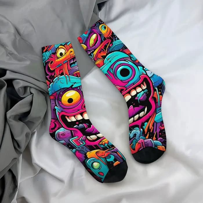 1 paire Hip Hop rétro violet monstre fou hommes chaussettes de Compression Harajuku sans couture imprimé drôle nouveauté Happy Crew chaussette cadeau