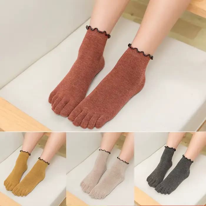 Chaussettes pour femmes coton cinq doigts à volants couleur unie orteil