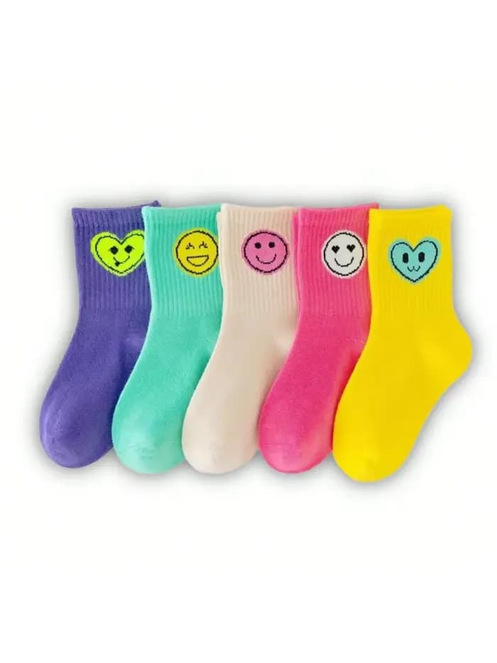 5 paires de nouvelles chaussettes pour enfants quatre saisons avec expressions de visages souriants pour garçons et filles, chaussettes mi-mollet et hautes.