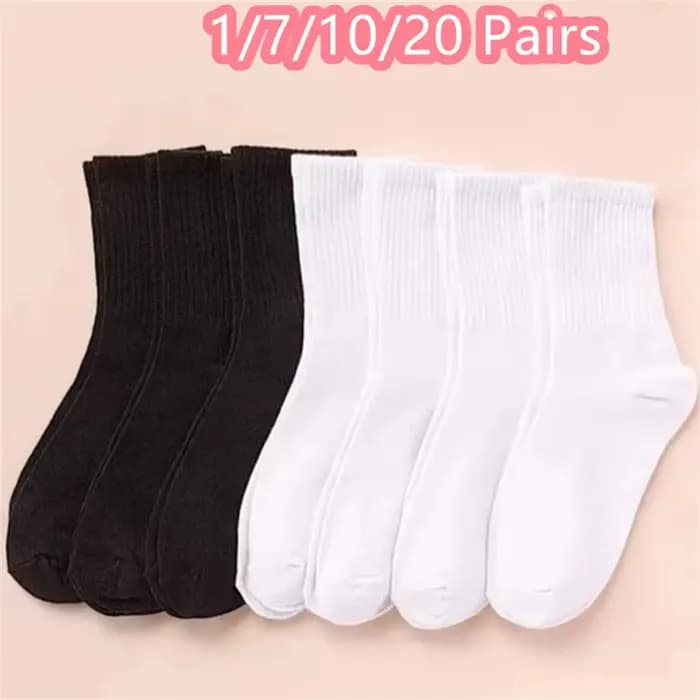 1/7/10/20 paires chaussettes mi-longues femmes classique noir blanc couleur unie à la mode sport décontracté absorbant