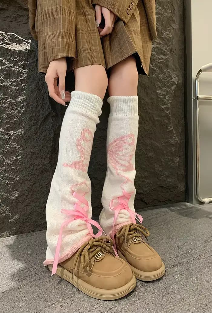 Ensemble de chaussettes Tube longues en soie Y2k, chauffe-jambes Lolita, avec cordon de serrage, JK Girl, paires de papillons