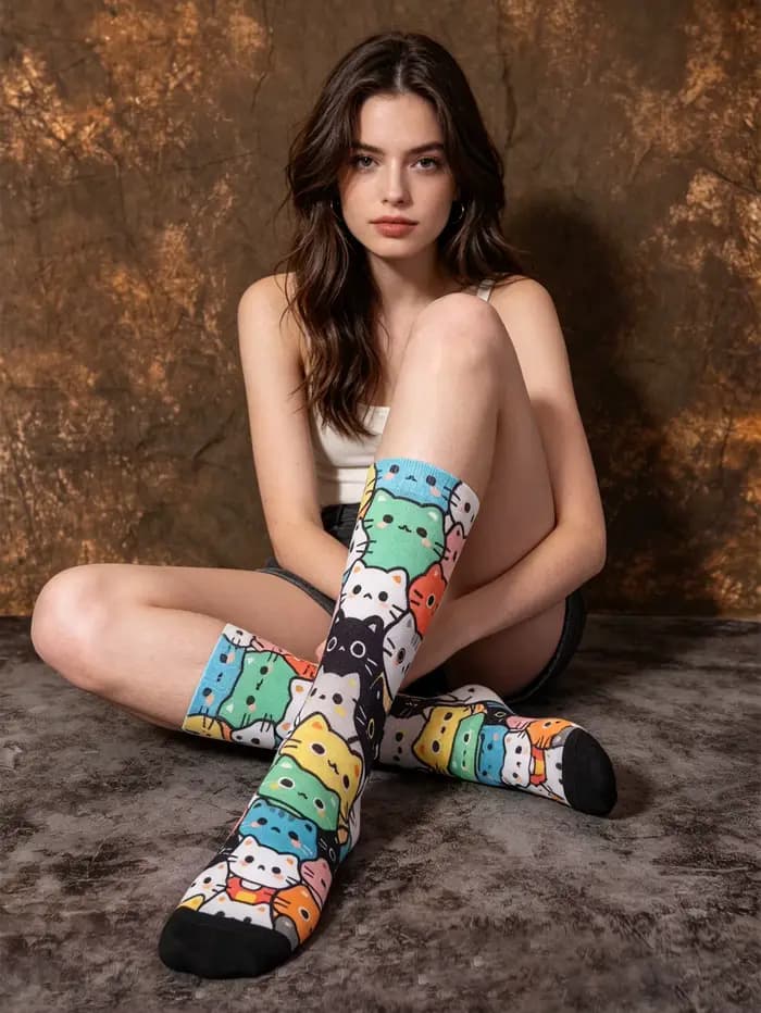 1 paire de chaussettes mi-mollet pour femme avec imprimés de chats de dessins animés sur toute la surface