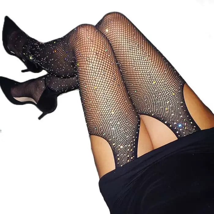 Collants résille scintillants pour femmes, entrejambe ouvert, maille, biscuits brillants, dame, nylon, chaussettes, bas