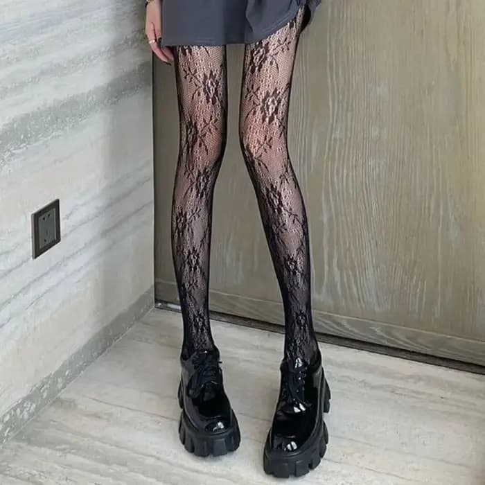 Maille résille bas femmes collants Lingerie Sexy dentelle florale cuisse haute bas