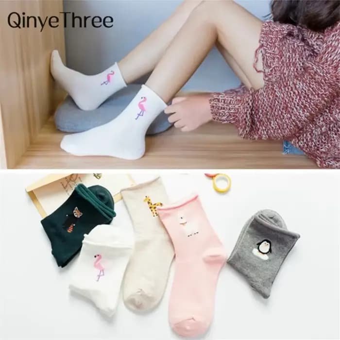 Jolies chaussettes d'animaux de dessin animé pour filles, flamant rose, pingouin, girafe, alpaga, sertissage, Confinement doux, bouche ample