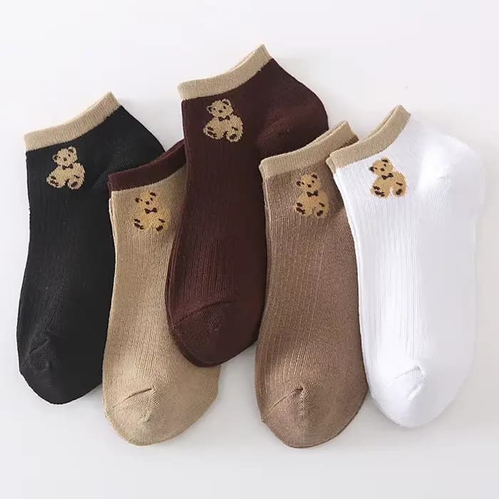 5 paires de chaussettes courtes pour femmes, motif ours en peluche mignon, à coupe basse, pour le printemps et l'été, chaussettes bateau décontractées assorties
