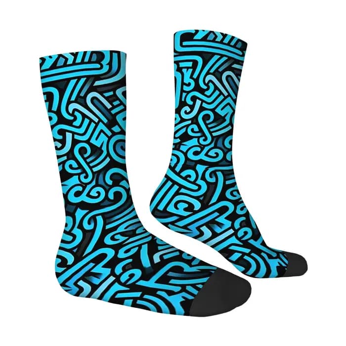 Chaussettes mi-mollet pour hommes à imprimé lignes abstraites bleues et noires