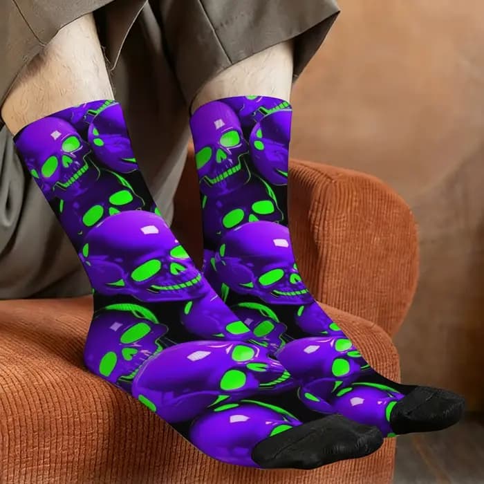 Chaussettes à motif de crâne violet néon, extensibles, légères, confortables, pour usage quotidien, pour hommes, cyclisme, randonnée, festivals de musique, chaussettes de compression originales