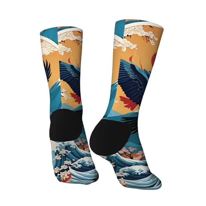Chaussettes pour hommes rétro japonaises Ukiyo-e imprimé grue Harajuku