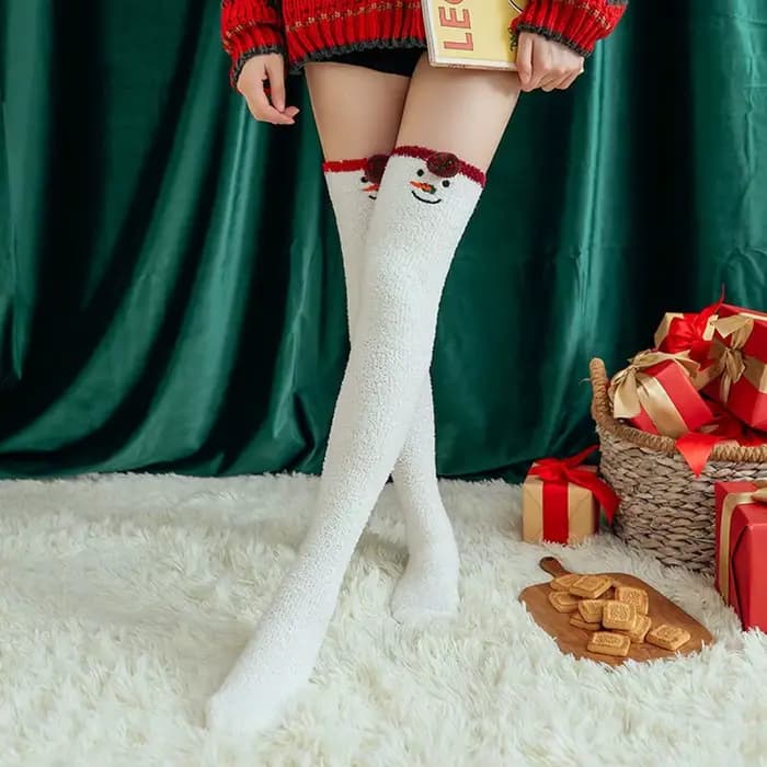 Chaussettes Tube Elk bonhomme de neige femmes nœud père noël corail polaire dames bonneterie coton mollet