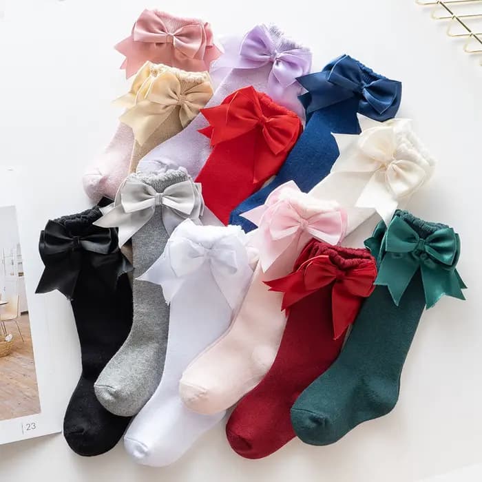 Chaussettes hautes en coton pour bébés filles de 0 à 7 ans, avec nœud mignon, couleur unie, respirantes