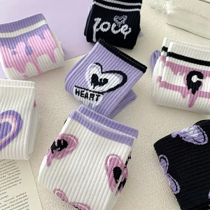 Kawaii Love Print Middle Tube Chaussettes pour femmes, Chaussettes violettes pour femmes, High Beauty, Fried Street, Harajuku Medias, Printemps, Été