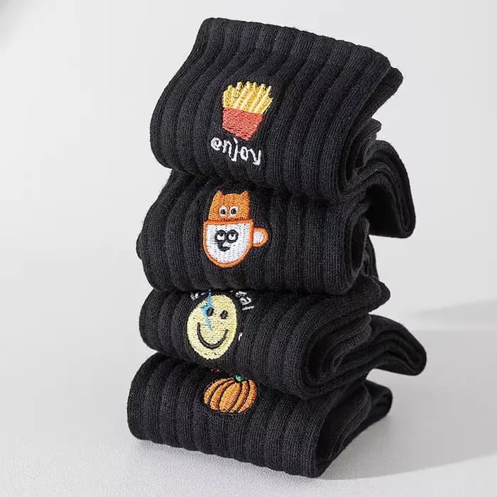 Chaussettes unisexes noires et blanches avec broderie de dessin animé