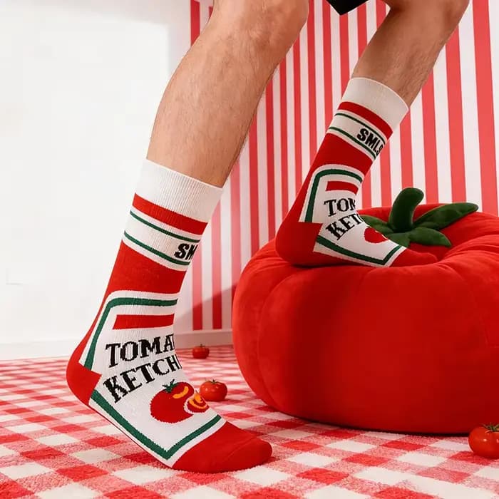 1 paire de chaussettes pour hommes sur le thème de la nourriture drôle-chaussettes mi-mollet imprimées du paquet Ketchup