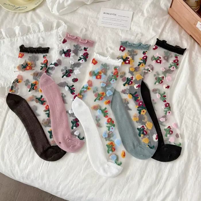 Fleur broderie motif mode chaussettes pour femmes été respirant à la mode chaussettes décontractées mignon mode Style coréen Transparent La