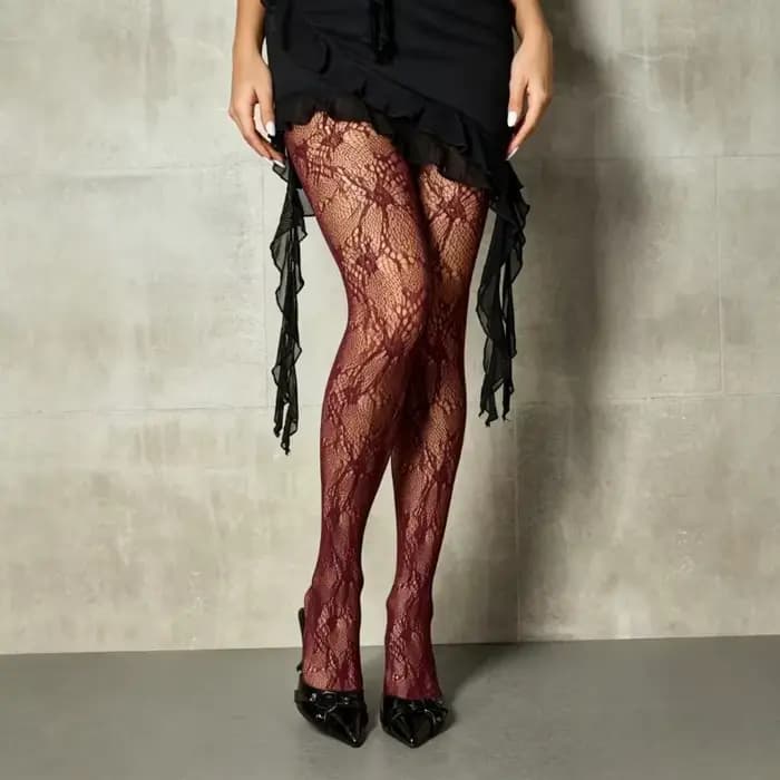 1 Paire de Collants Sexy Bordeaux Lolita en Dentelle Creuse et Résille