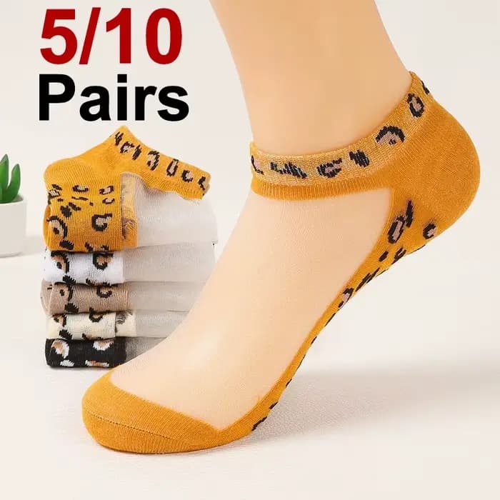 5/10 paires femmes imprimé léopard chaussettes courtes printemps été conception mince absorbant la sueur respirant doux confortable chaussettes décontractées ﻿