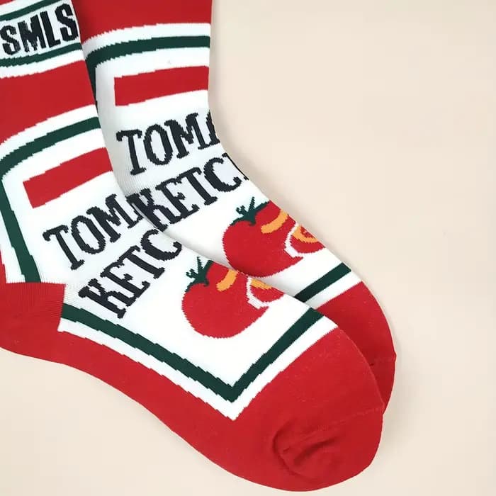 1 paire de chaussettes pour hommes sur le thème de la nourriture drôle-chaussettes mi-mollet imprimées du paquet Ketchup