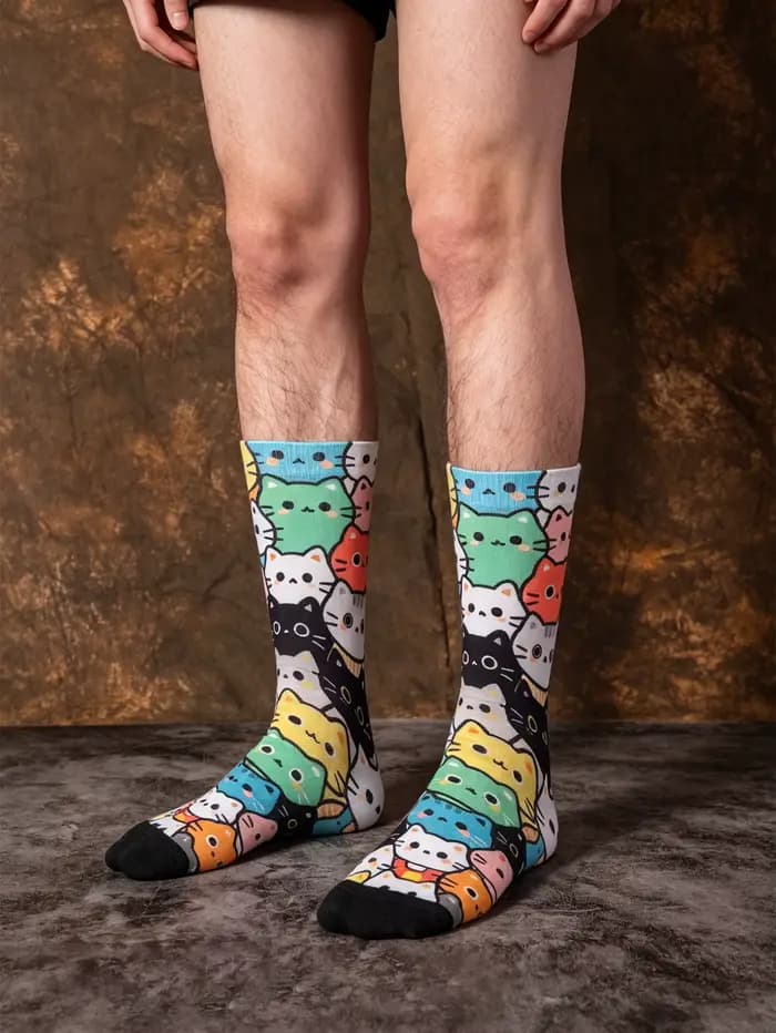 1 paire de chaussettes mi-mollet pour femme avec imprimés de chats de dessins animés sur toute la surface