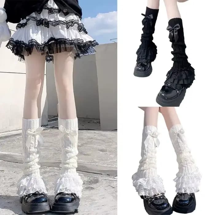 Femmes japonaises tricoté jambières arc à plusieurs niveaux chaussettes à volants fille dentelle Lolita