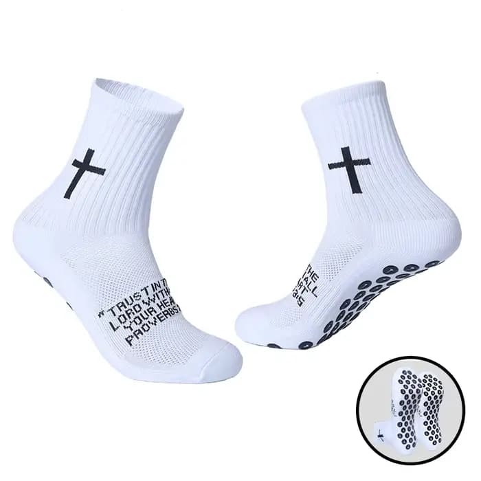 4 paires de chaussettes chrétiennes, chaussettes de prière, chaussettes Jésus, chaussettes de football à motif croix - Chaussettes de sport antidérapantes avec inscription biblique
