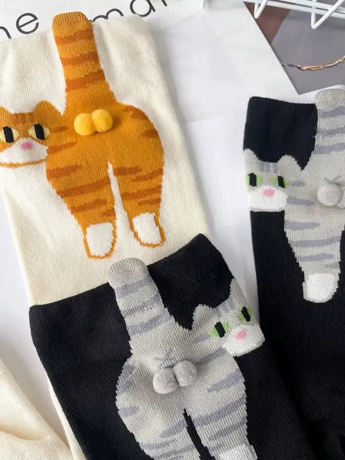 Chaussettes 3D Mignonnes Chat Noir/Blanc, Chaussettes Drôles Chat Respirantes et Douces pour Filles et Femmes, Chaussettes Fantaisie Kawaii, Ensemble Cadeau