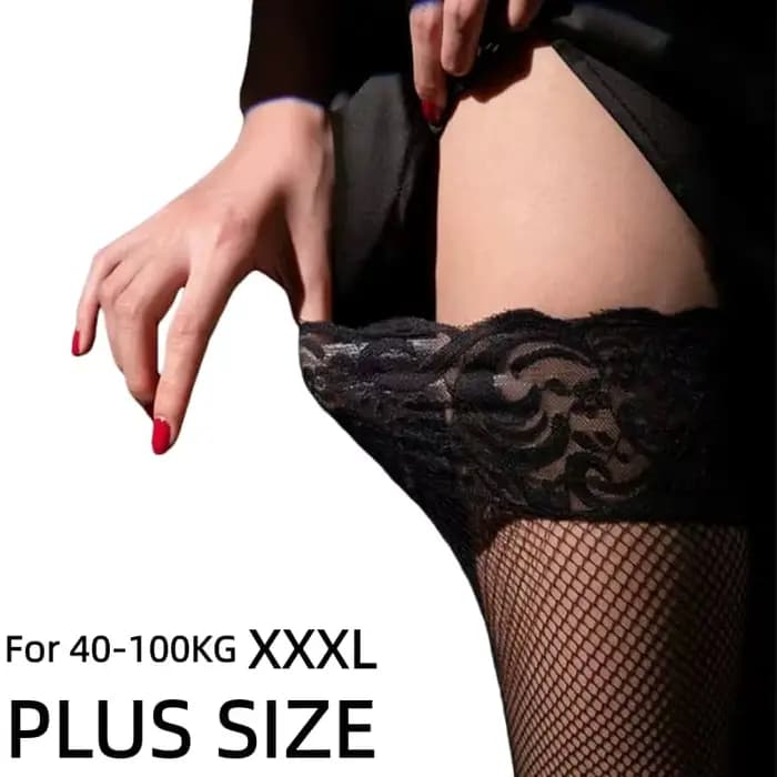 Collants longs en résille noire grande taille avec dentelle