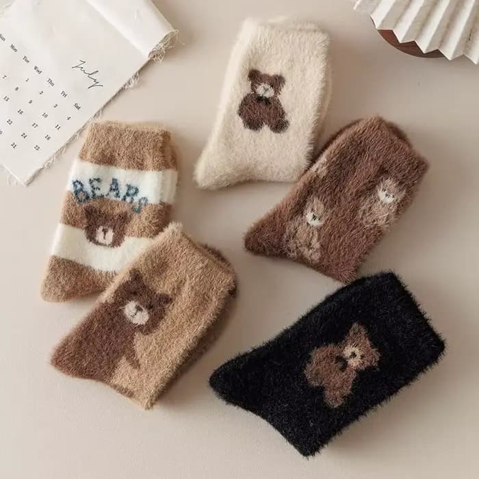 5 paires de chaussettes pour femmes ensemble ours en peluche hiver chaud épais fourrure de vison