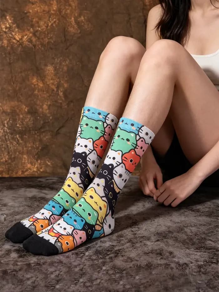 1 paire de chaussettes mi-mollet pour femme avec imprimés de chats de dessins animés sur toute la surface