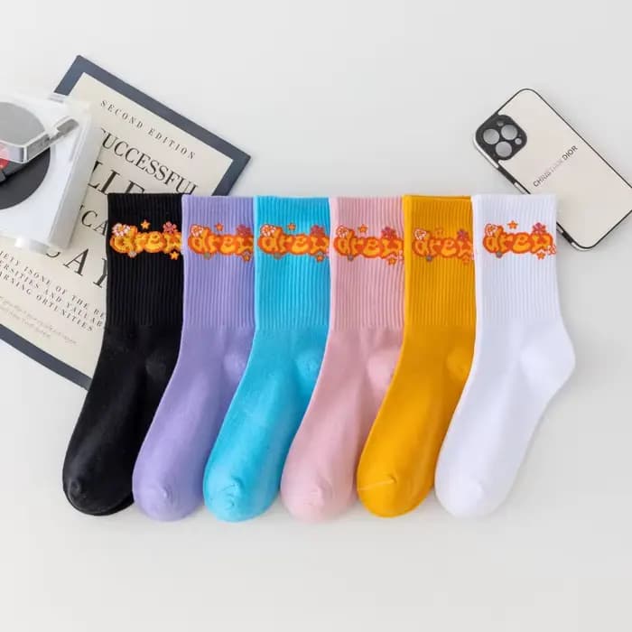 Chaussettes Drew House American Streetwear avec visage de personnage de dessin animé et lettres, pour un style décontracté et sportif, en pur coton