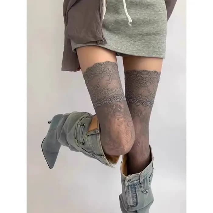 Chaussettes JK pour femmes, au-dessus du genou, sexy, en nylon, à dentelle, résille, motif floral rétro, respirantes, taille haute, longues