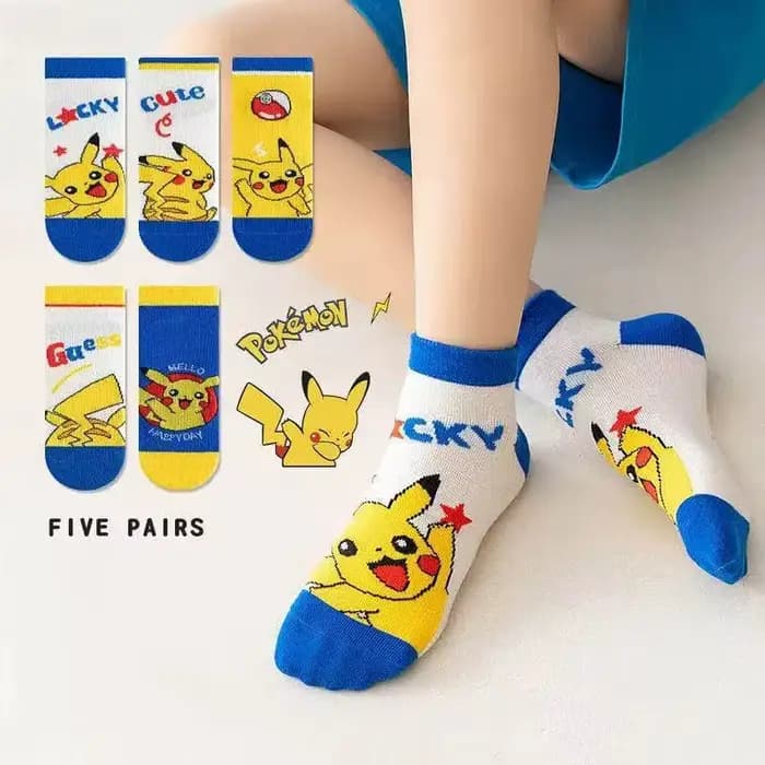 5 paires de chaussettes Pok é mon Pikachu pour garçons et filles, chaussettes en coton à col rond, mignonnes et respirantes, chaussettes d'été pour enfants
