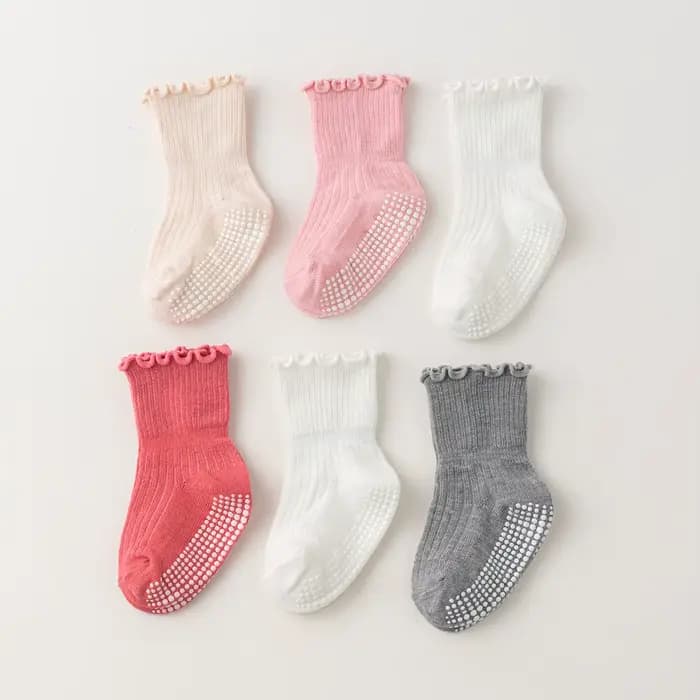 6 paires de chaussettes de marche antidérapantes blanches pour bébé, avec bordure à motif grain de bois, adaptées à l'usage quotidien des enfants