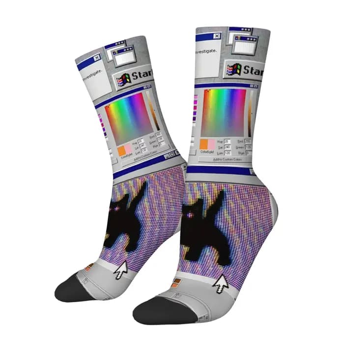 Cyber ​ ​ Chaussettes pour hommes imprimées avec motif fenêtre pop-up de panne de système informatique rétro