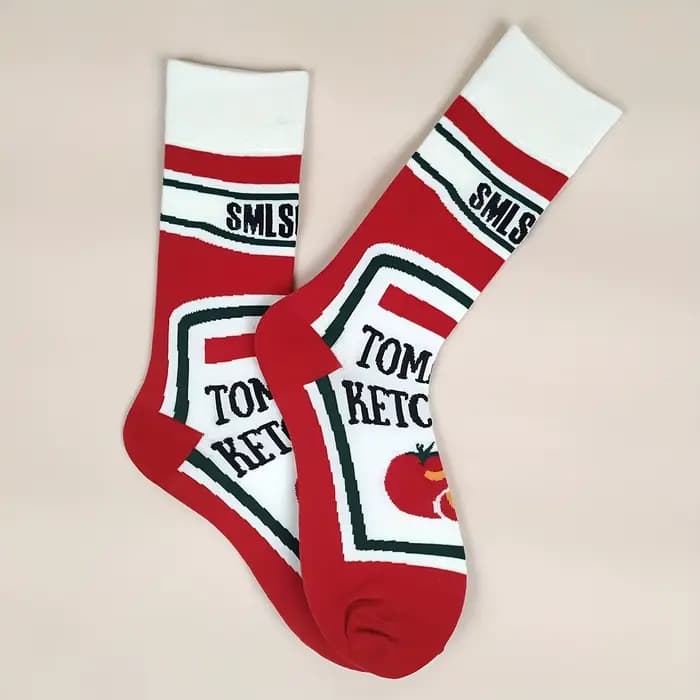 1 paire de chaussettes pour hommes sur le thème de la nourriture drôle-chaussettes mi-mollet imprimées du paquet Ketchup