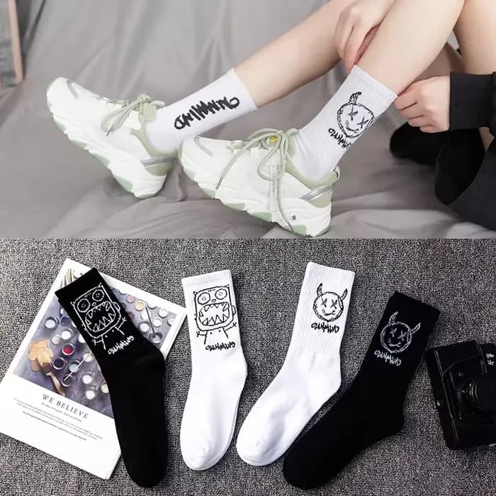 Chaussettes blanches Happy Crew pour femmes, chaussettes en coton, mode japonaise, graffiti à l'encre, hip hop, Harajuku, nouveauté, art drôle