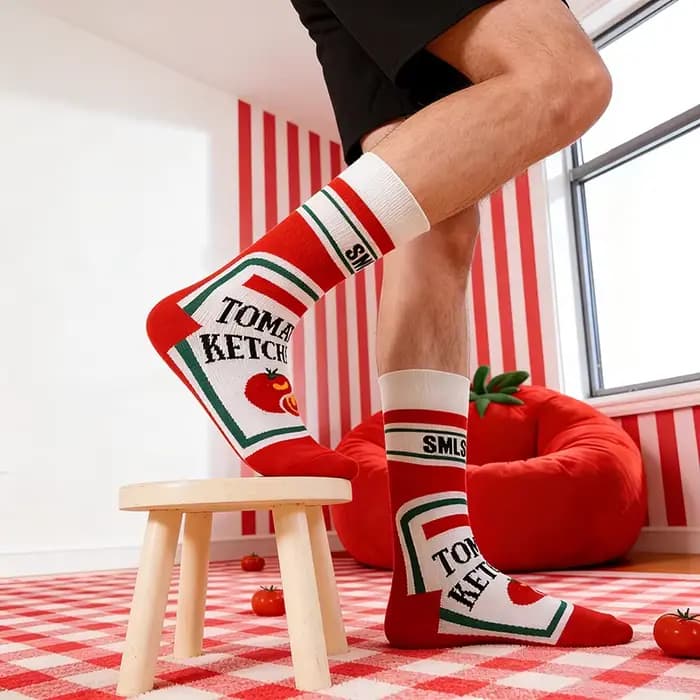 1 paire de chaussettes pour hommes sur le thème de la nourriture drôle-chaussettes mi-mollet imprimées du paquet Ketchup