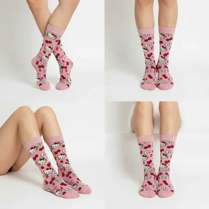 4 paires de chaussettes longues pour femmes, Hello Kitty, mode Anime, colorées, amusantes, décontractées, mignonnes, dessin animé créatif, pour hommes, taille 35-44