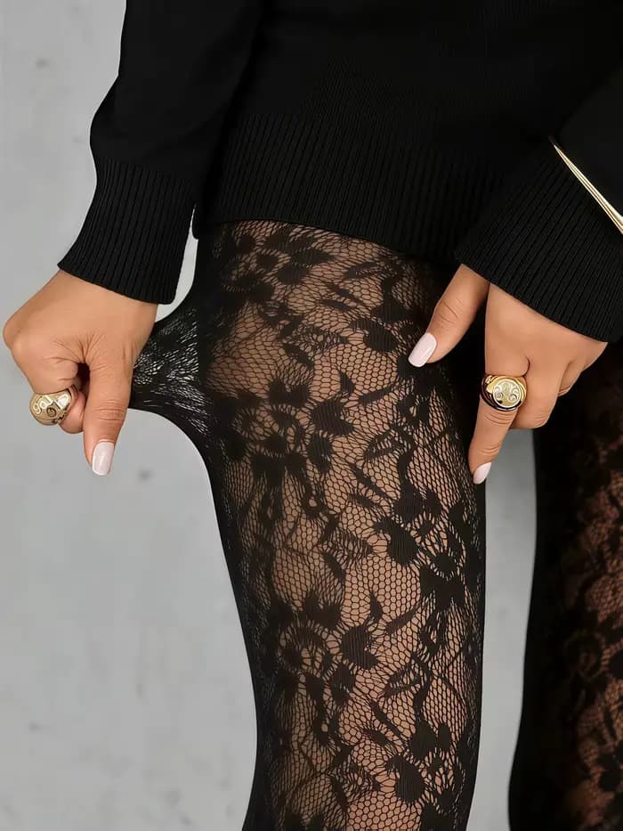 1 paire de collants résille noirs à imprimé tournesol pour femmes