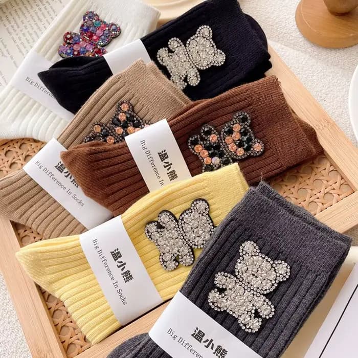 Chaussettes décoratives ours de dessin animé diamant, chaussettes pour femmes scintillantes à la mode, chaussettes de noël confortables et respirantes