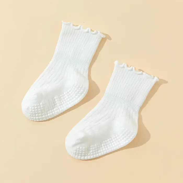 6 paires de chaussettes de marche antidérapantes blanches pour bébé, avec bordure à motif grain de bois, adaptées à l'usage quotidien des enfants