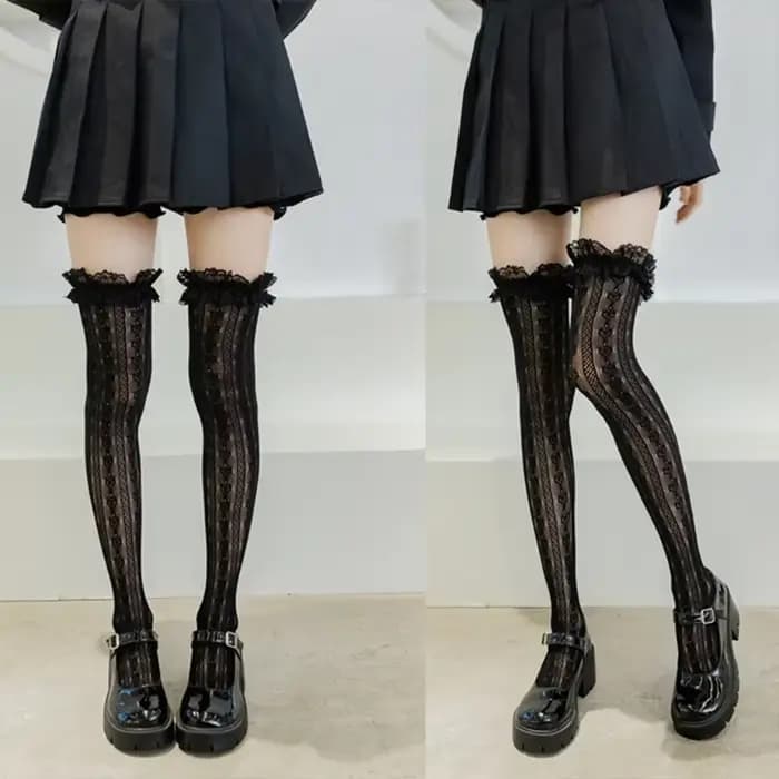 Femmes Lolita résille cuisse haute chaussettes Style japonais coeur rayé dentelle à motifs sur le genou longs bas à volants froufrous Kawaii