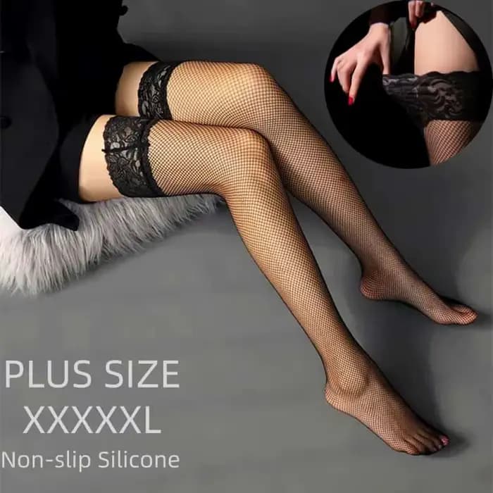 Collants longs en résille noire grande taille avec dentelle