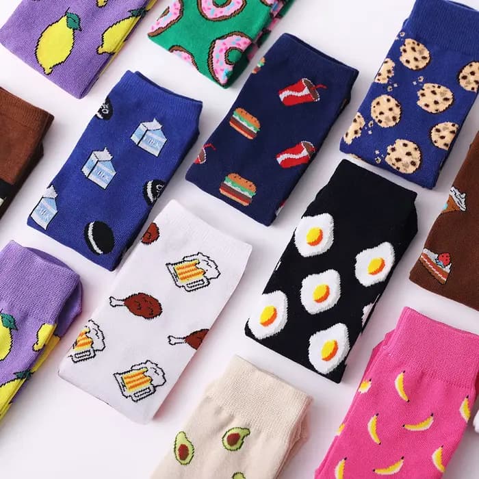 Femmes chaussettes drôle mignon dessin animé Fruits banane avocat citron oeuf Cookie beignets nourriture heureux